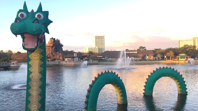 lego dragon in the lagoon at Disney Springs