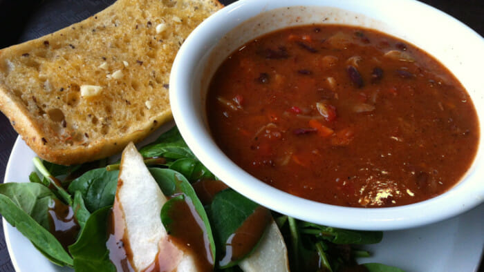 Roasted Vegetable Vegetarian Chilli at The Raven's Nest - the first vegetarian restaurant on the mountain of a ski resort in North America.