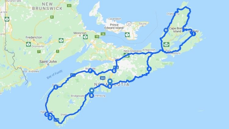 A map for circumnavigating Nova Scotia by car.